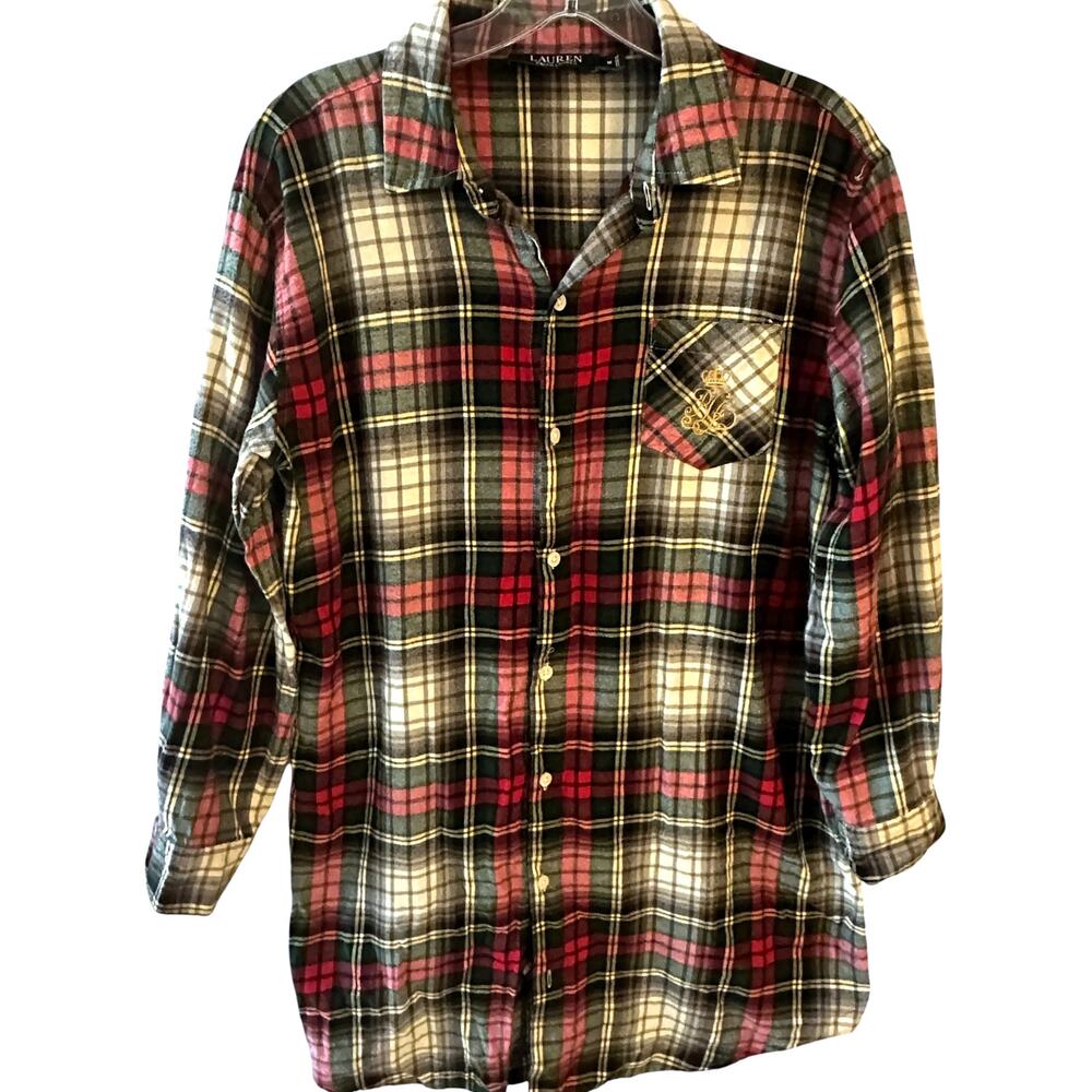 Ralph Lauren Plaid Flannel Nightshirt Womens Medium Green Red Tartan Sleep Shirt - Picture 2 of 8
